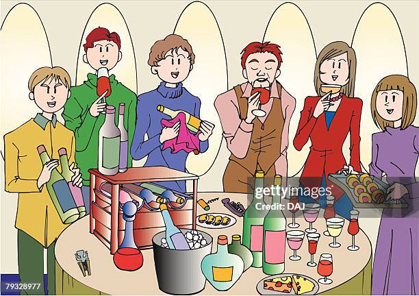 people tasting a wine, illustrative technique - sampling stand stock illustrations