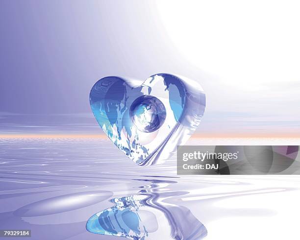 globe in heart shaped crystal over the sea, computer graphics, composition - refracted light stock illustrations