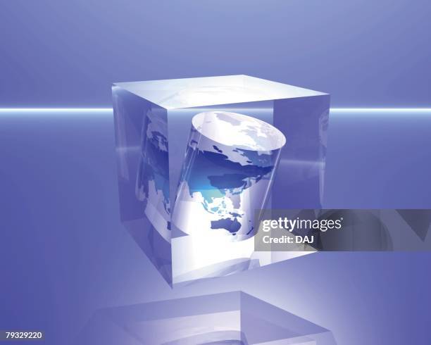 cylinder world map in square crystal, blue background, computer graphics, composition - building bricks stock illustrations