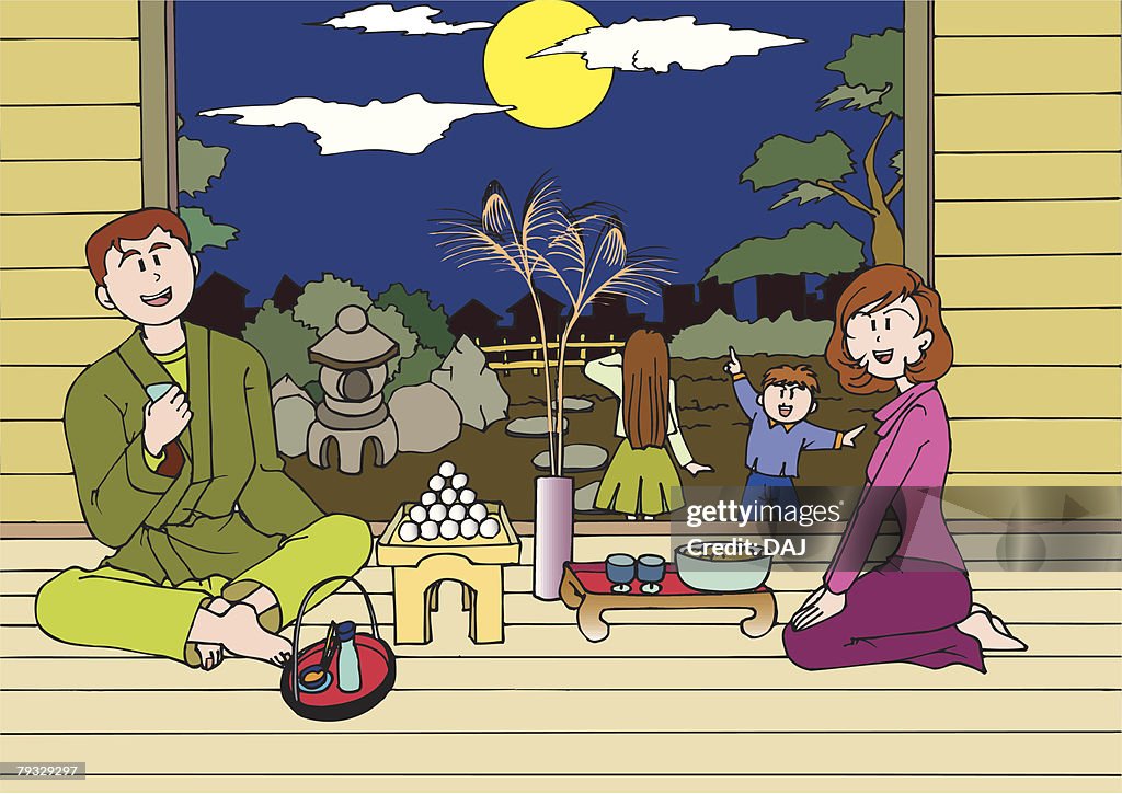 Family Having a Full Moon Watching Party, Illustrative Technique
