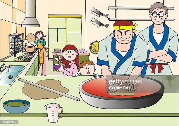 mid adult man making a buckwheat noodle, illustrative technique - soba noodle making stock illustrations