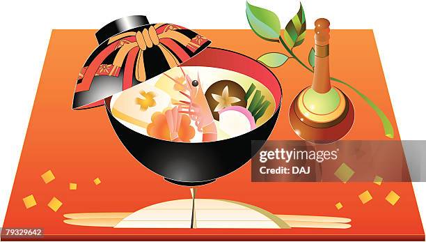 illustrations, cliparts, dessins animés et icônes de japanese soup for new years day, close-up, illustration - surimi