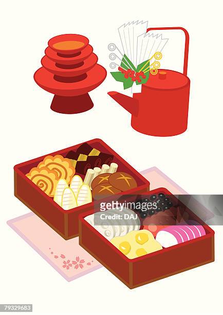 ilustrações, clipart, desenhos animados e ícones de osechi, close-up, illustration - saquê
