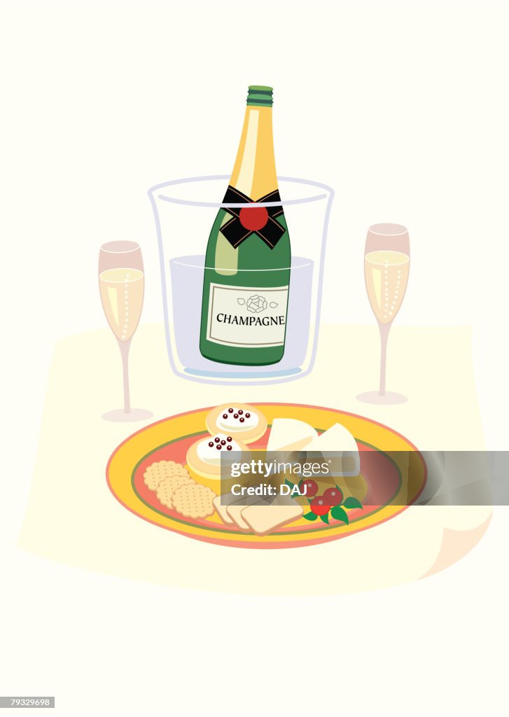 Cheese and wine, close-up, illustration