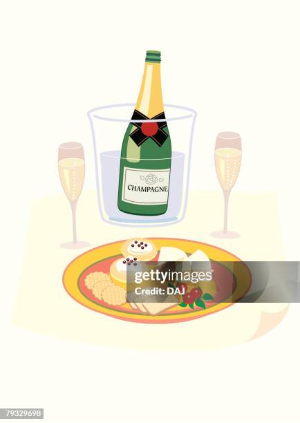 cheese and wine, close-up, illustration - vector cheese and crackers stock illustrations