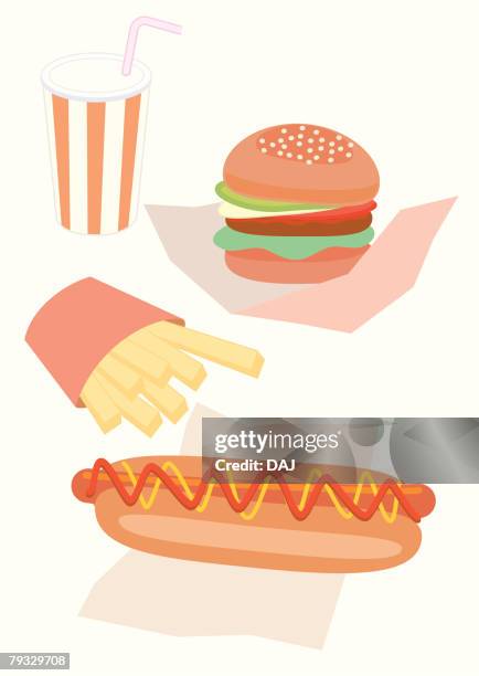 fast food menu, close-up, illustration - bread white background stock illustrations