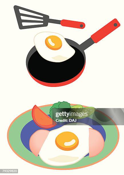 sunny-side-up fried egg with vegetables, close-up, illustration - broccoli on white stock illustrations