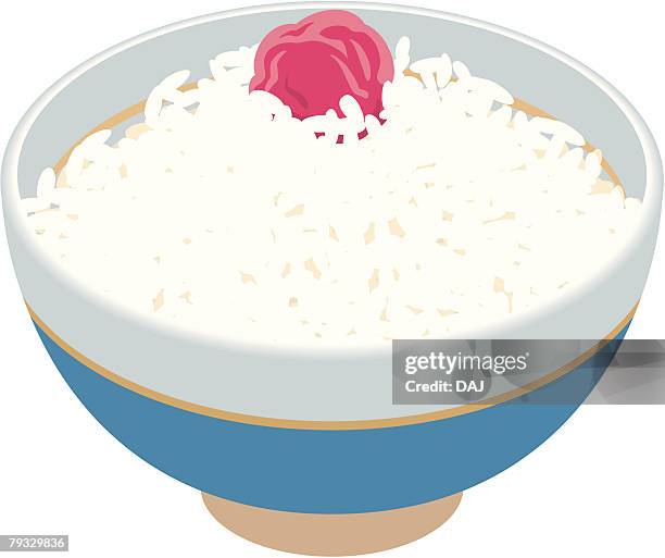 ilustraciones, imágenes clip art, dibujos animados e iconos de stock de bowl of rice with dried plum, close-up, illustration - ciruela pasa