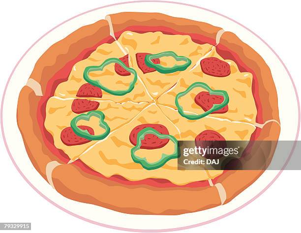 ilustrações de stock, clip art, desenhos animados e ícones de salami pizza, close-up, illustration - pimentão verde