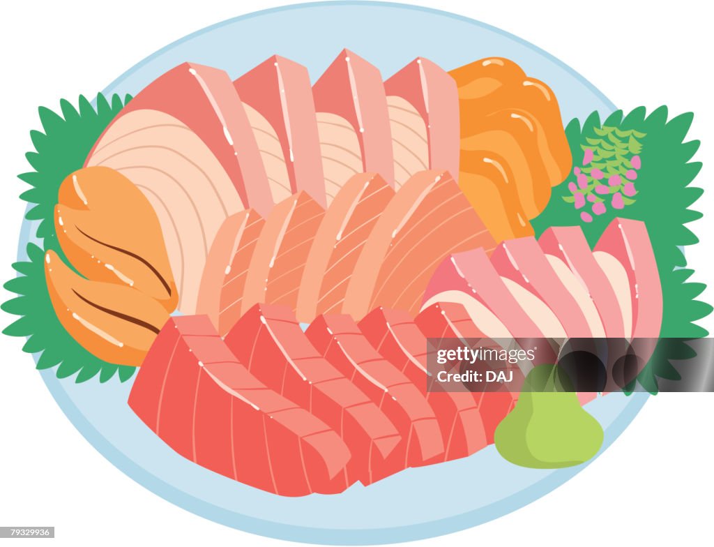 Sashimi combination platter, close-up, illustration