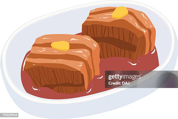 chunk pork stew, close-up, illustration - brown mustard white background stock illustrations