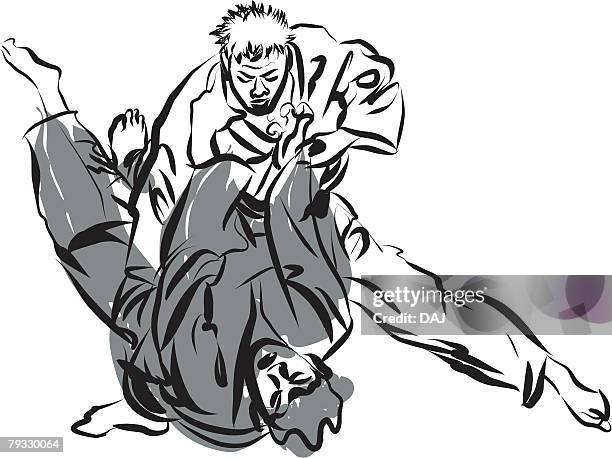two men having a judo match, pen and ink - man brushing teeth stock illustrations