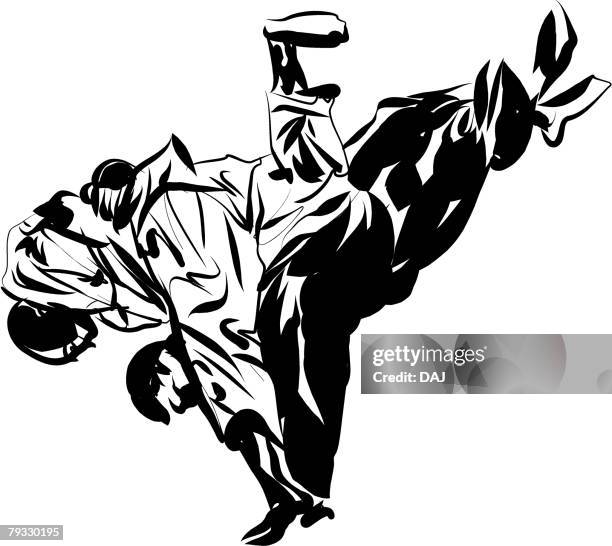 two men having a judo match, pen and ink - self defense stock illustrations