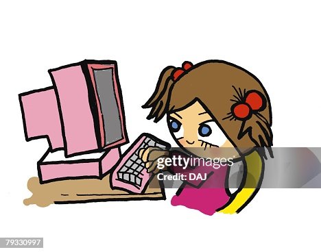 A Girl Using A Computer Illustration Cartoon Portrait High-Res Vector ...
