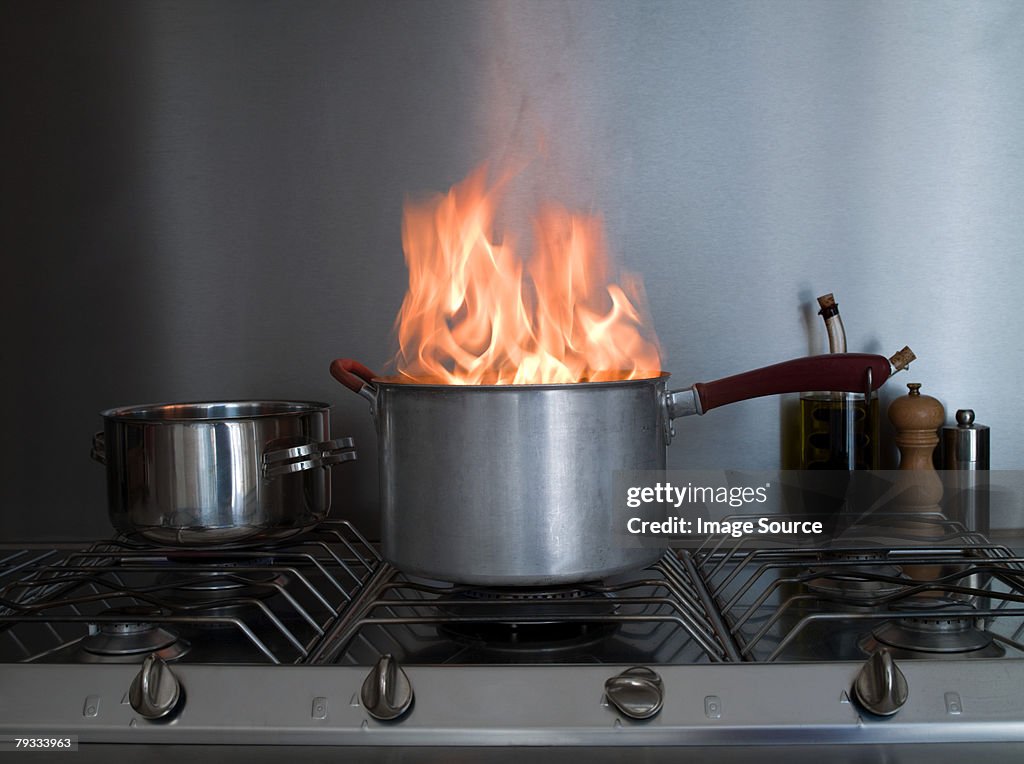 A saucepan on fire