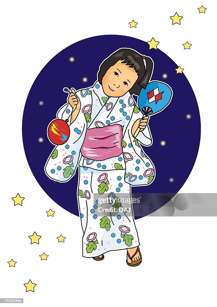 Portrait of a Japanese girl in yukata holding Japanese fan and water balloon, front view, white background, cut out