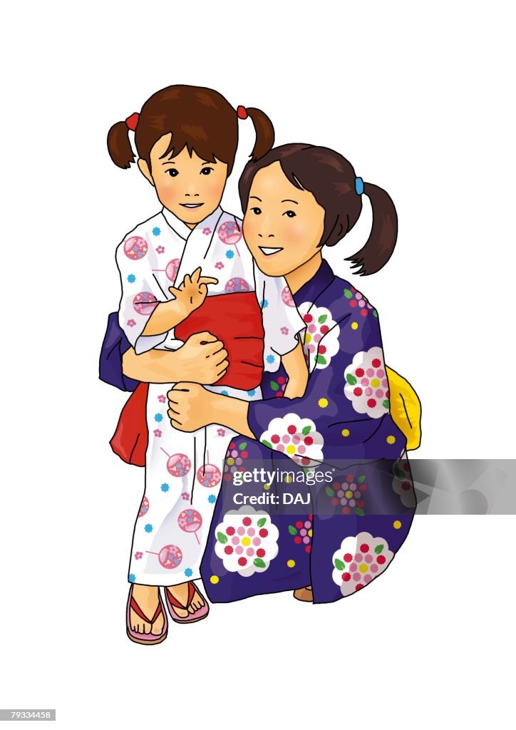 Portrait of Japanese girls in yukata, front view, white background, cut out
