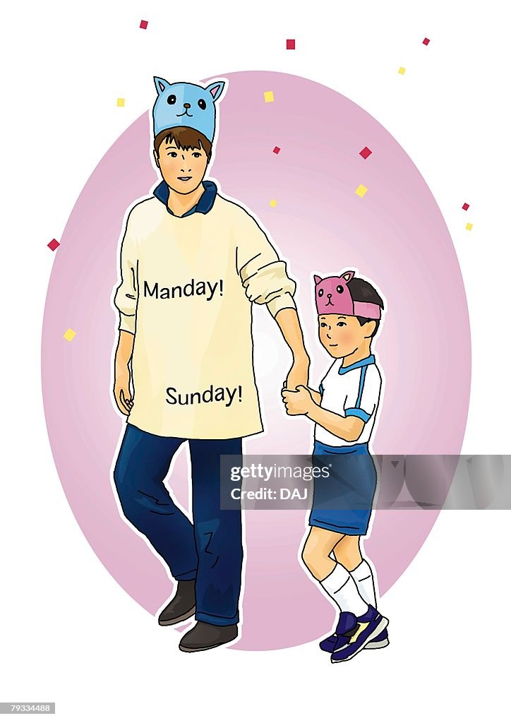 Man and boy holding hands and putting mask on forehead, front view, side view, white background, cut out