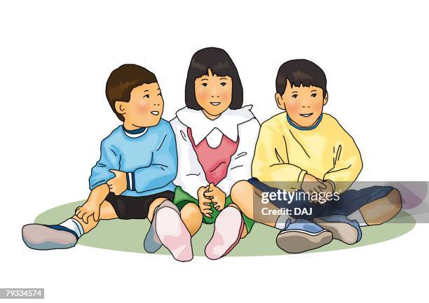 three children sitting side by side, front view, white background, cut out - sitting side by side stock illustrations