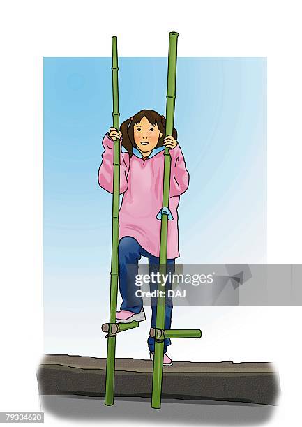 japanese girl on stilts, front view - stilt stock illustrations