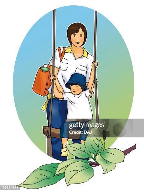 portrait of japanese mother and child, child on swing, front view, white background, cut out - tire swing stock illustrations