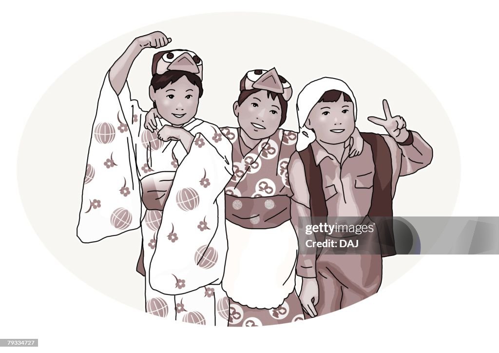 Portrait of three children in Yukata standing side by side, front view, black and white, white background, cut out