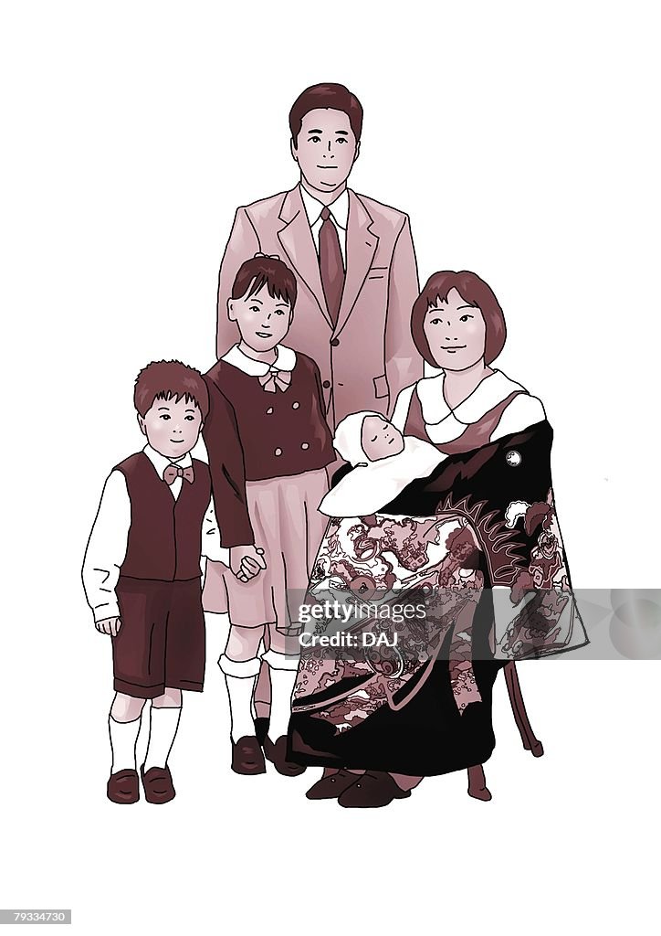 Portrait of Japanese family in formalwear, front view, black and white, white background, cut out