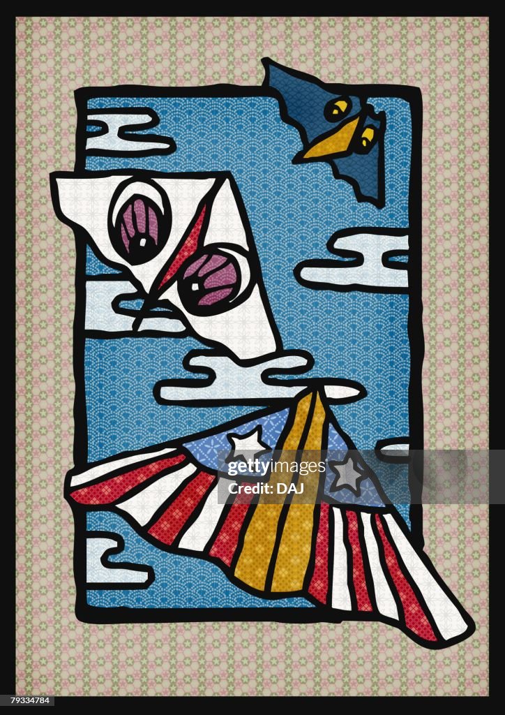 Japanese kite flying in the sky, front view