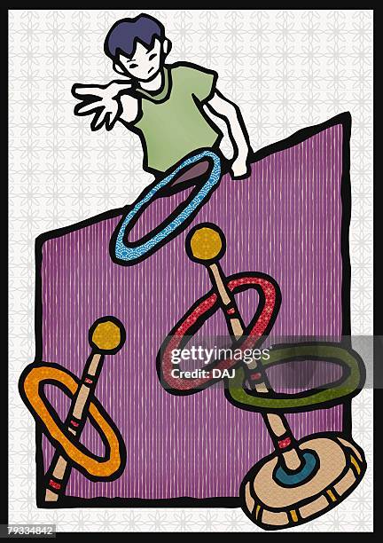 ilustrações de stock, clip art, desenhos animados e ícones de boy playing japanese ring toss, front view - ring toss