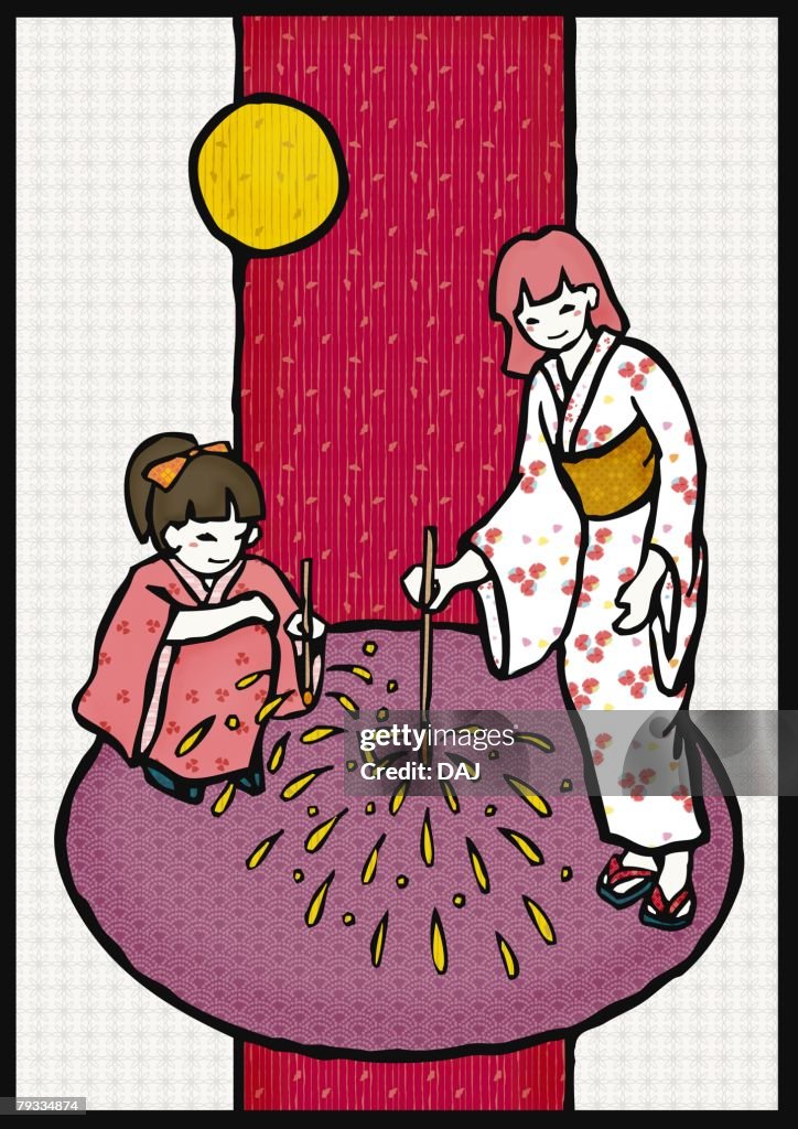 Girls in Yukata holding lighting fireworks, front view, side view