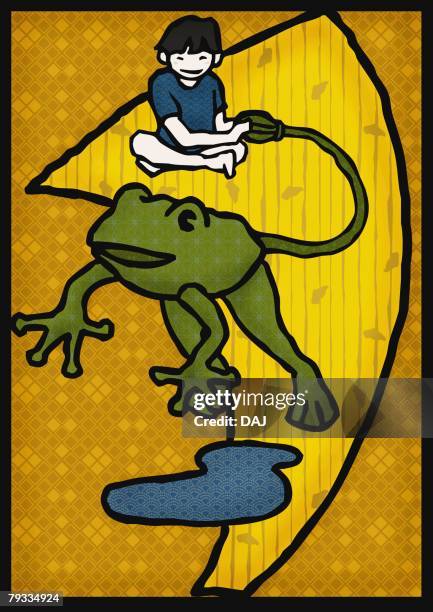 boy playing with frog-shaped toy, front view - frog jumping stock illustrations