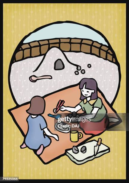 two girls playing at sandbox, side view, rear view - sandbox stock illustrations