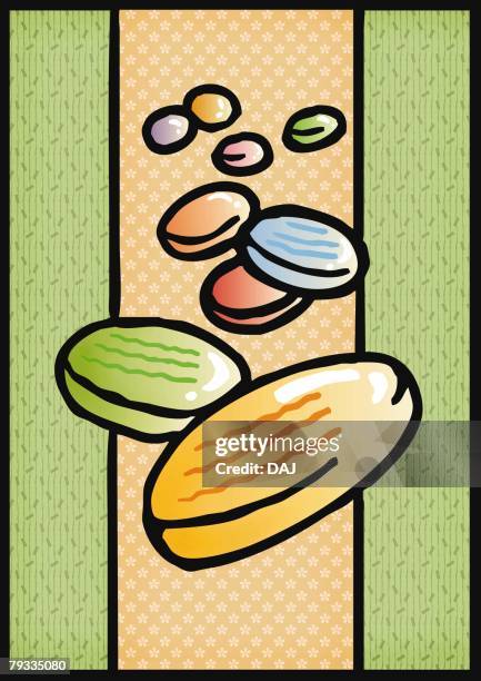 stockillustraties, clipart, cartoons en iconen met japanese colorful flat marbles, high angle view - glass marble