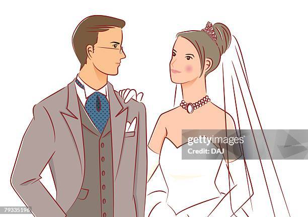 ilustrações de stock, clip art, desenhos animados e ícones de bridal couple smiling and looking at each other, bride putting hand on shoulder of groom, front view - luva formal