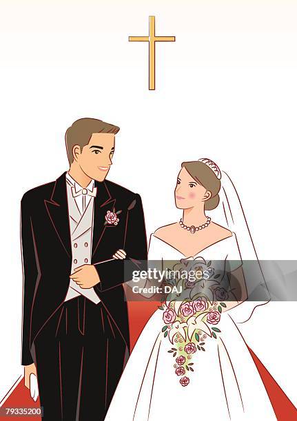 bridal couple standing side by side and looking at each other on aisle in church, front view - a cross necklace stock illustrations