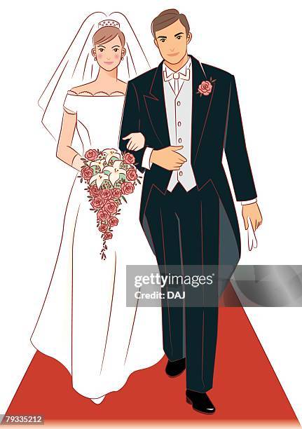 bridal couple walking together on red carpet, bride holding wedding cascade bouquet, front view - front on groom and bride stock illustrations