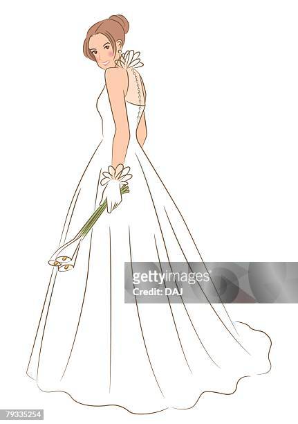 ilustrações de stock, clip art, desenhos animados e ícones de bride standing and holding wedding arm bouquet made of calla, looking back, portrait - luva formal