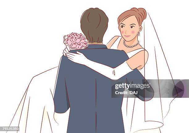 ilustraciones, imágenes clip art, dibujos animados e iconos de stock de groom lifting bride, bride putting arm around shoulder of groom and holding bouquet - happy smiling young woman side view