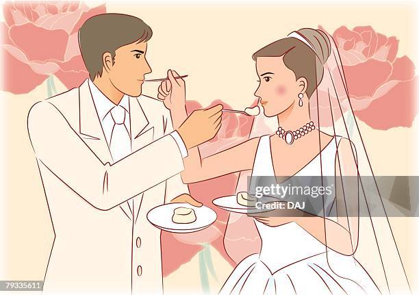 bridal couple feeding cake each other, side view - two men eating stock illustrations