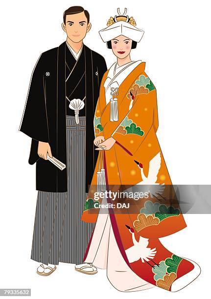 bridal couple standing side by side in japanese style clothing, front view - front on groom and bride stock illustrations