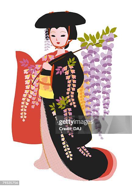 dancing performer in the role of a woman, holding a branch of japanese wisteria, japan - 日本舞踊点のイラスト素材／クリップアート素材／マンガ素材／アイコン素材