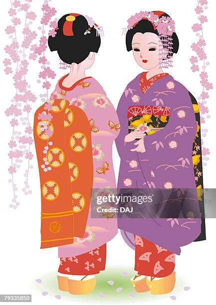 two women standing and talking in japanese style clothing, spring, japan - 泣く　女性　正面点のイラスト素材／クリップアート素材／マンガ素材／アイコン素材