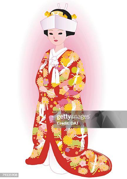 bride standing in japanese style clothing, front view, japan - asian fan pattern stock illustrations