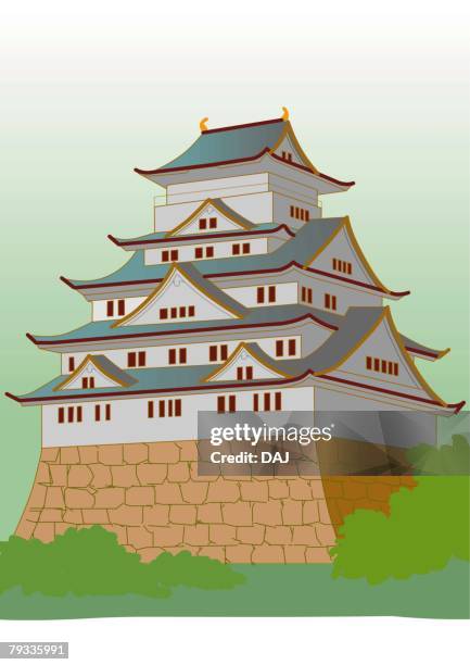 japanese castle, low angle view, japan - stone wall angle stock illustrations