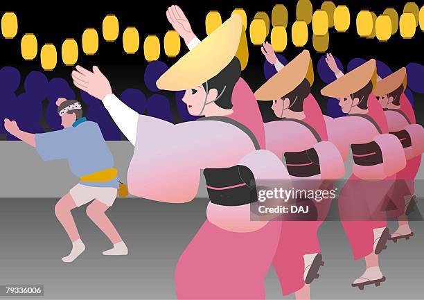 people enjoying japanese dance in festival, side view, tokushima prefecture, japan - japanese culture on show at hyper japan stock illustrations