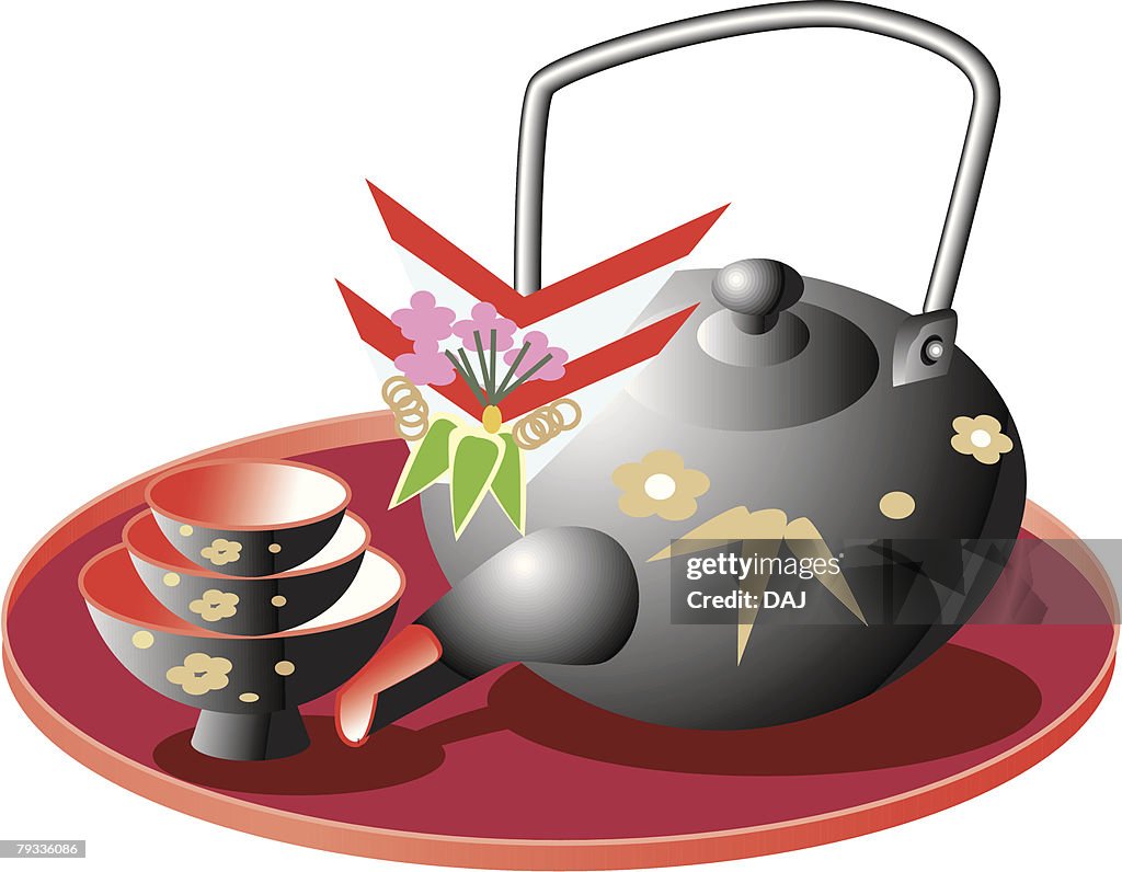 Sake pot and cups, Otoso, Japan