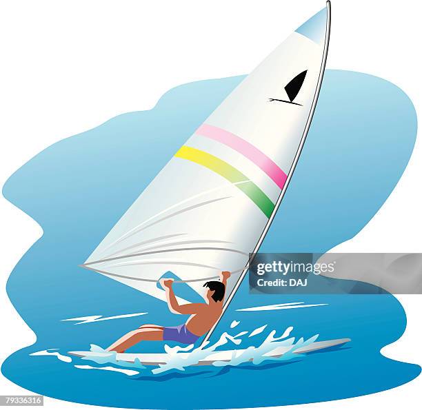 man windsurfing on sea - windsurfbrett stock-grafiken, -clipart, -cartoons und -symbole