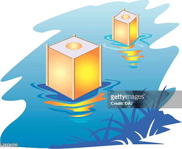lanterns offering on the water - floating lanterns stock illustrations