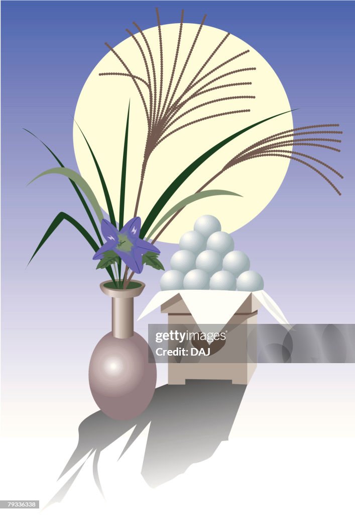 Moon viewing with dumpling and pampas grass, tsukimi