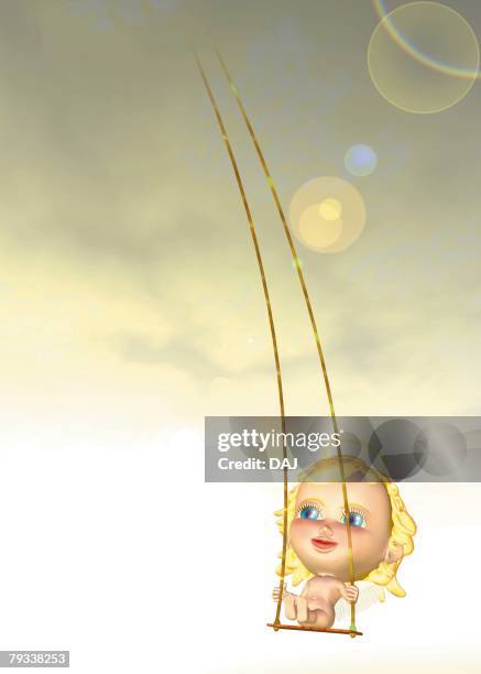 angel on swing, cg, 3d, illustration, low angle view, lens flare - tire swing stock illustrations
